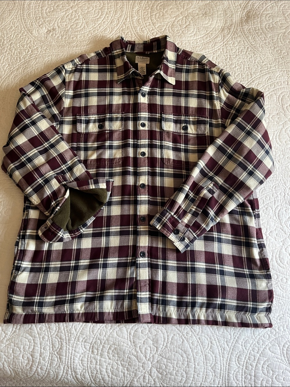 L.L. Bean Plaid Flannel Shacket Button Down Lined Shirt Mens Large Pockets